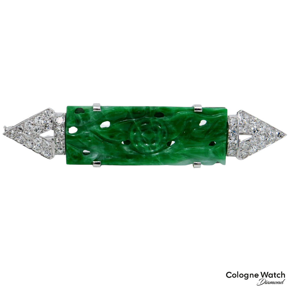 Brosche mit Handgeschnitzter Jade und Diamant Besatz in 585/14K Weißgold