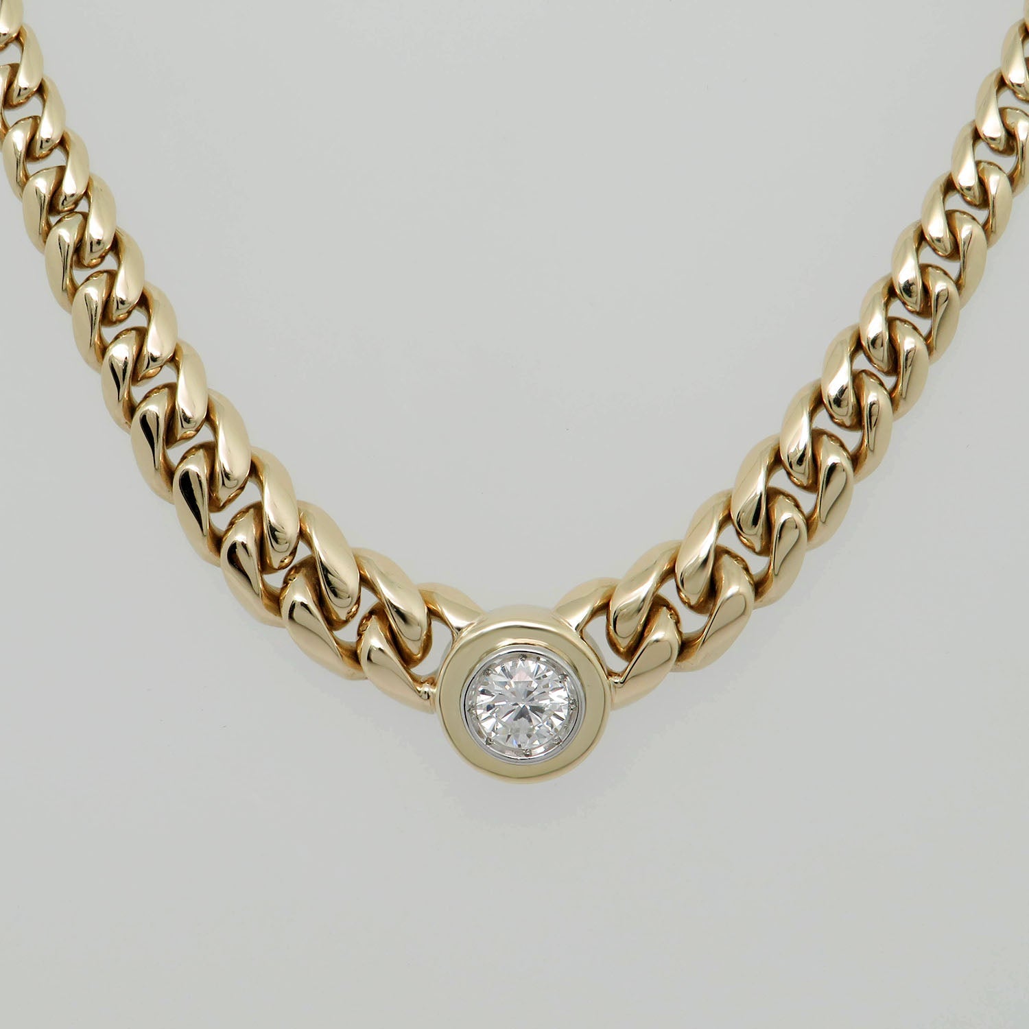 Collier Kette Panzerkette mit 0,638ct E-vsi 2 Brillant in 585/14K Gelbgold / DPL Expertise